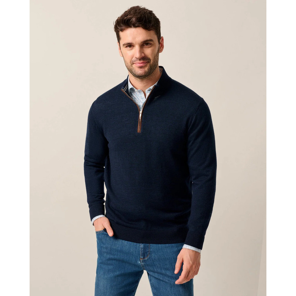 Johnnie-O Mens Sweater M Merino Wool Navy 1/4 Zip Mock Neck Logo NWOT